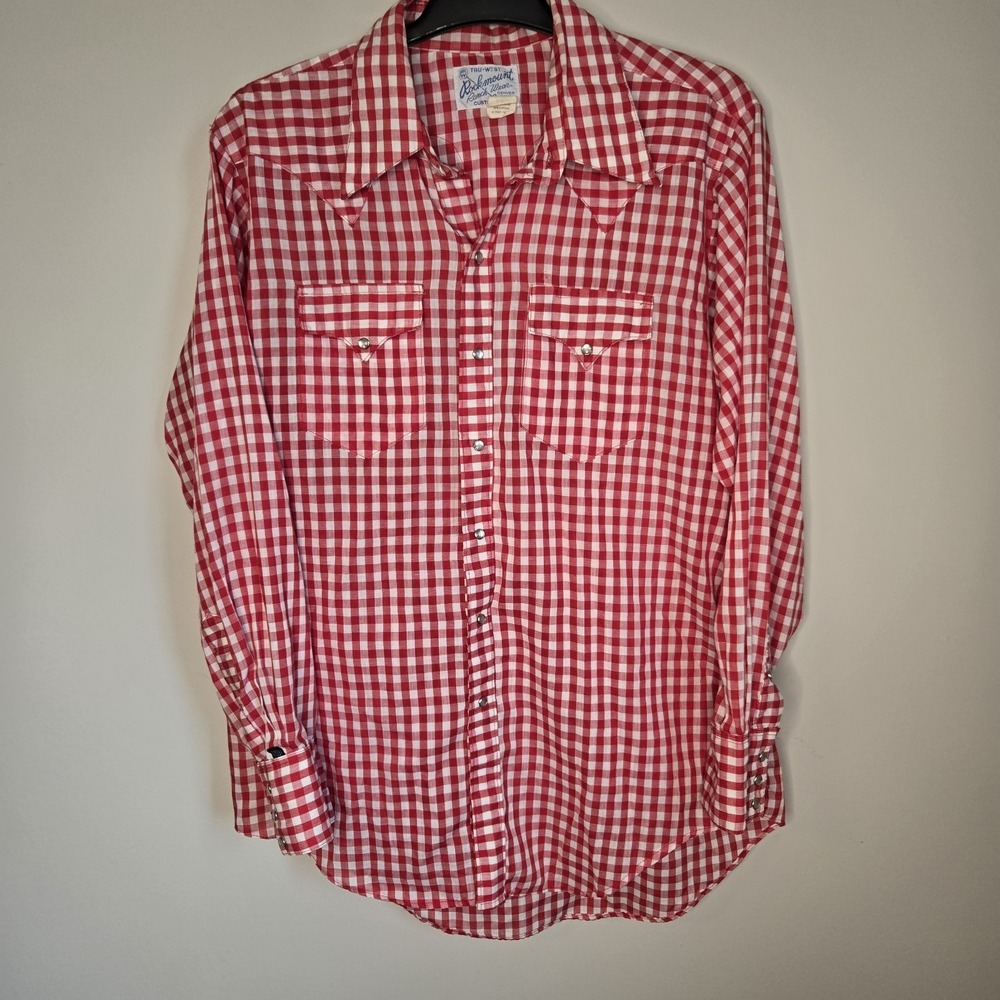 VTG Western Red Gingham Pearl Snap Country Sz L Large Long Sleeve Shirt